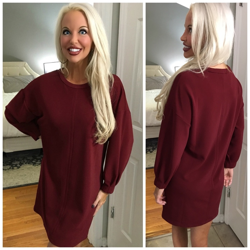 ❤️LAST 1! Wine Color Puff Sleeve Tunic Dress! - Picture 2 of 4